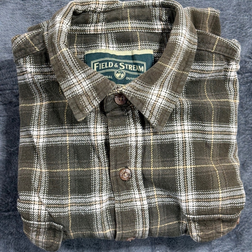 Field & Stream Flannel Shirt Mens XL Olive Green Plaid Long Sleeve Button Up - Picture 5 of 7